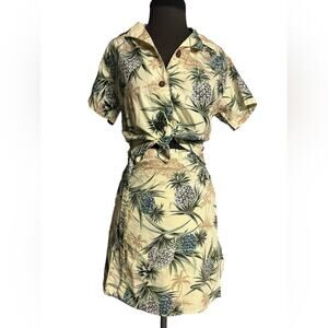 Vtg 90s Palm Tree Pineapple Retro Hawaiian Resort Blouse Wrap Skirt Coord Set M